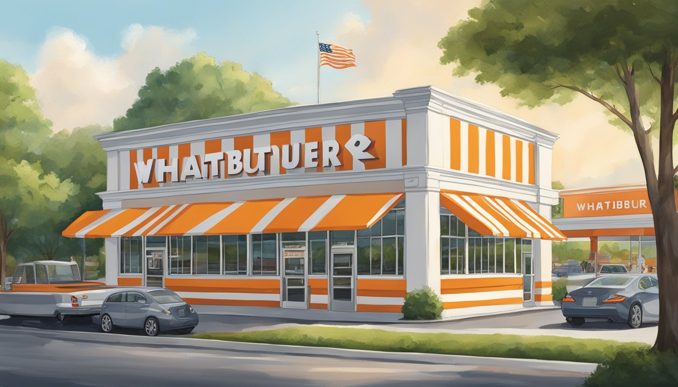 Whataburger's iconic orange and white striped building stands proudly in the heart of Greensboro, North Carolina, surrounded by lush greenery and a bustling parking lot