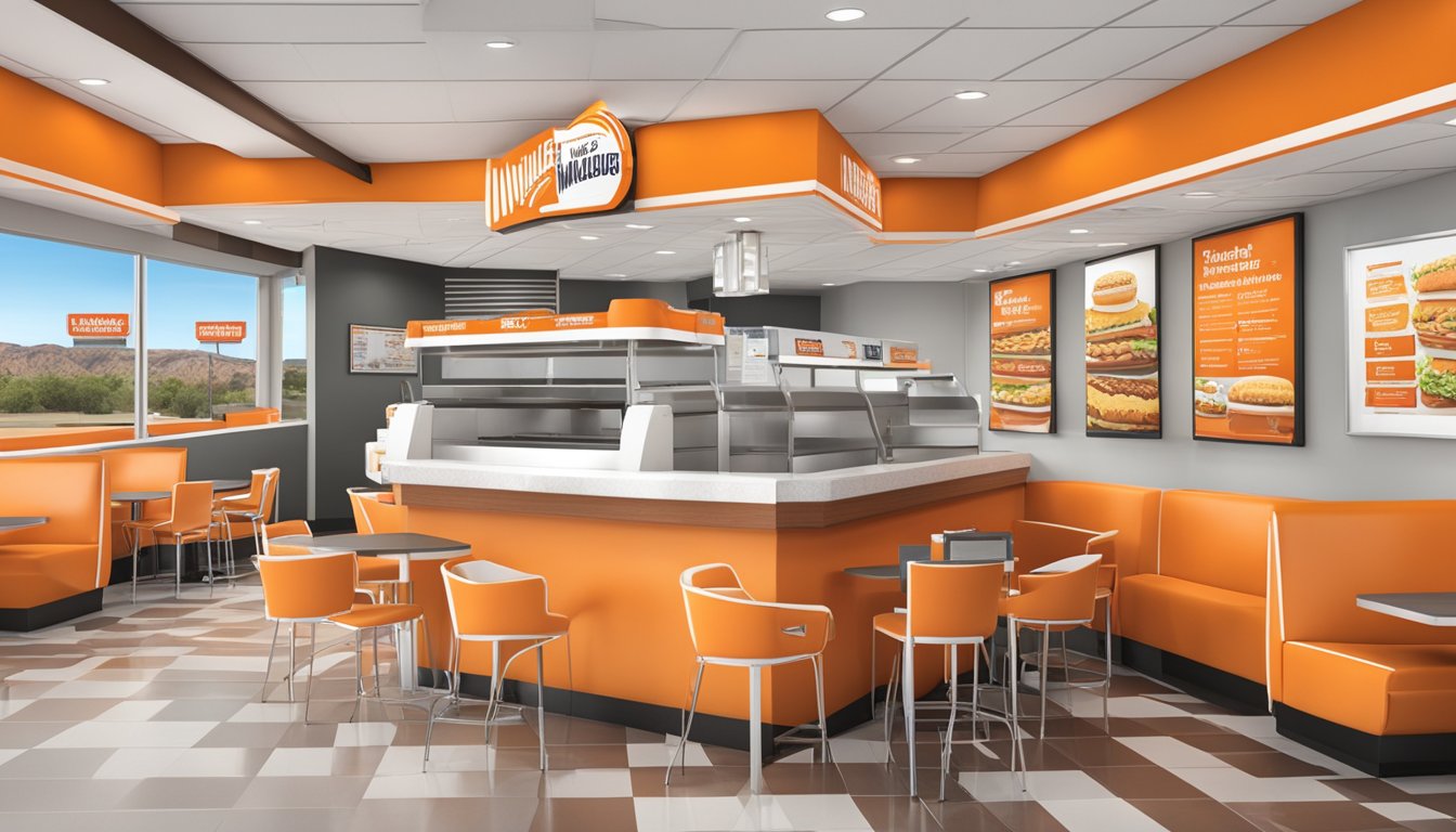 The WhatABurger in Las Cruces is open for business, with employees serving customers at the drive-thru and dining area. The restaurant is well-lit and inviting, with the iconic orange and white color scheme