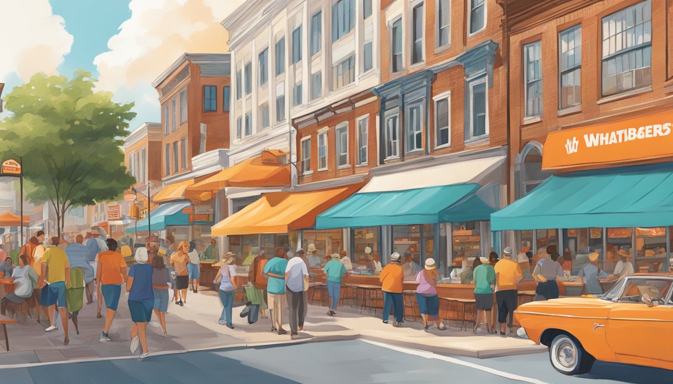 The bustling Greensboro Market with a prominent Whataburger sign and colorful storefronts. Outdoor seating and people milling about