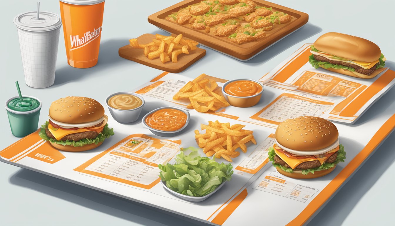 A table with a menu, nutritional chart, and dietary symbols at a Whataburger in Shreveport