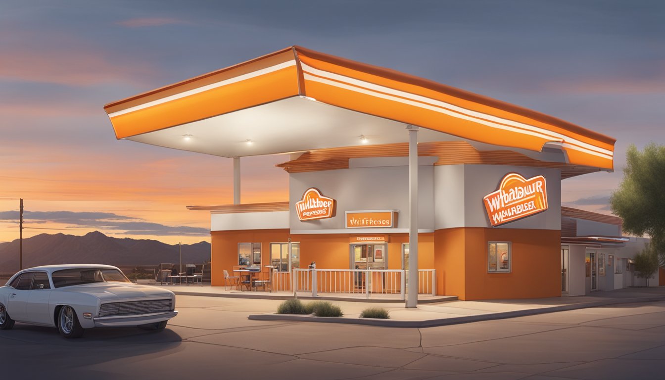 The sun sets behind the iconic orange and white striped awning of the Whataburger in Las Cruces, casting a warm glow over the bustling drive-thru and outdoor seating area