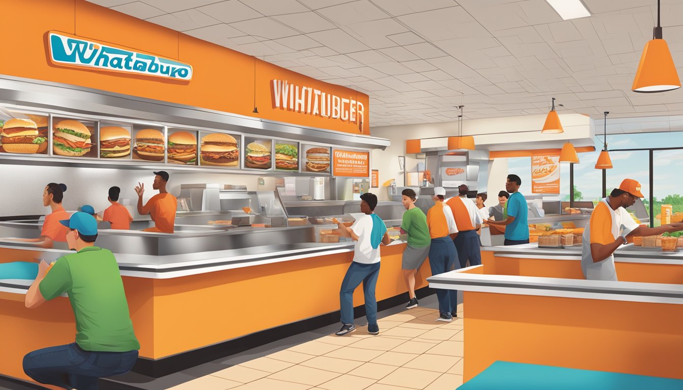 A bustling Whataburger restaurant in Greensboro, with a colorful menu board and customers enjoying their dining experience