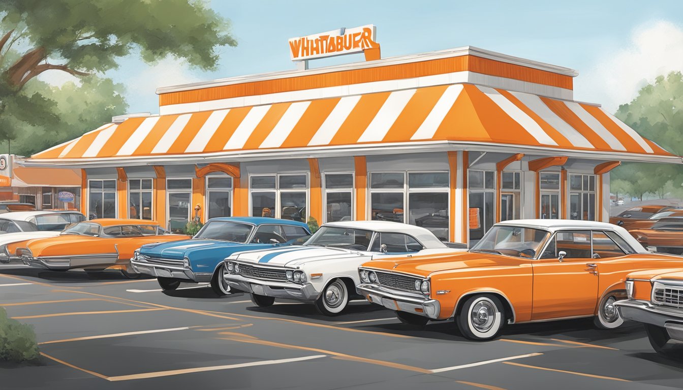 A bustling Whataburger restaurant in Shreveport, with a drive-thru line of cars, outdoor seating, and the iconic orange and white striped building