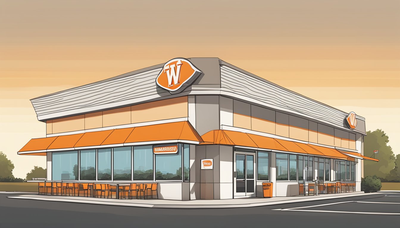 A bustling Whataburger restaurant in Greensboro, with its iconic orange and white striped roof standing out among other fast food establishments