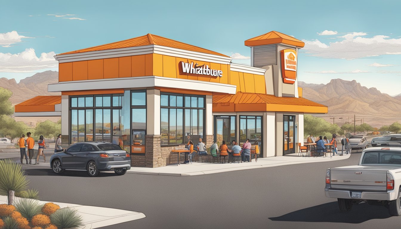 A bustling Whataburger in Las Cruces, with a drive-thru line wrapping around the building, and families enjoying their meals at outdoor tables