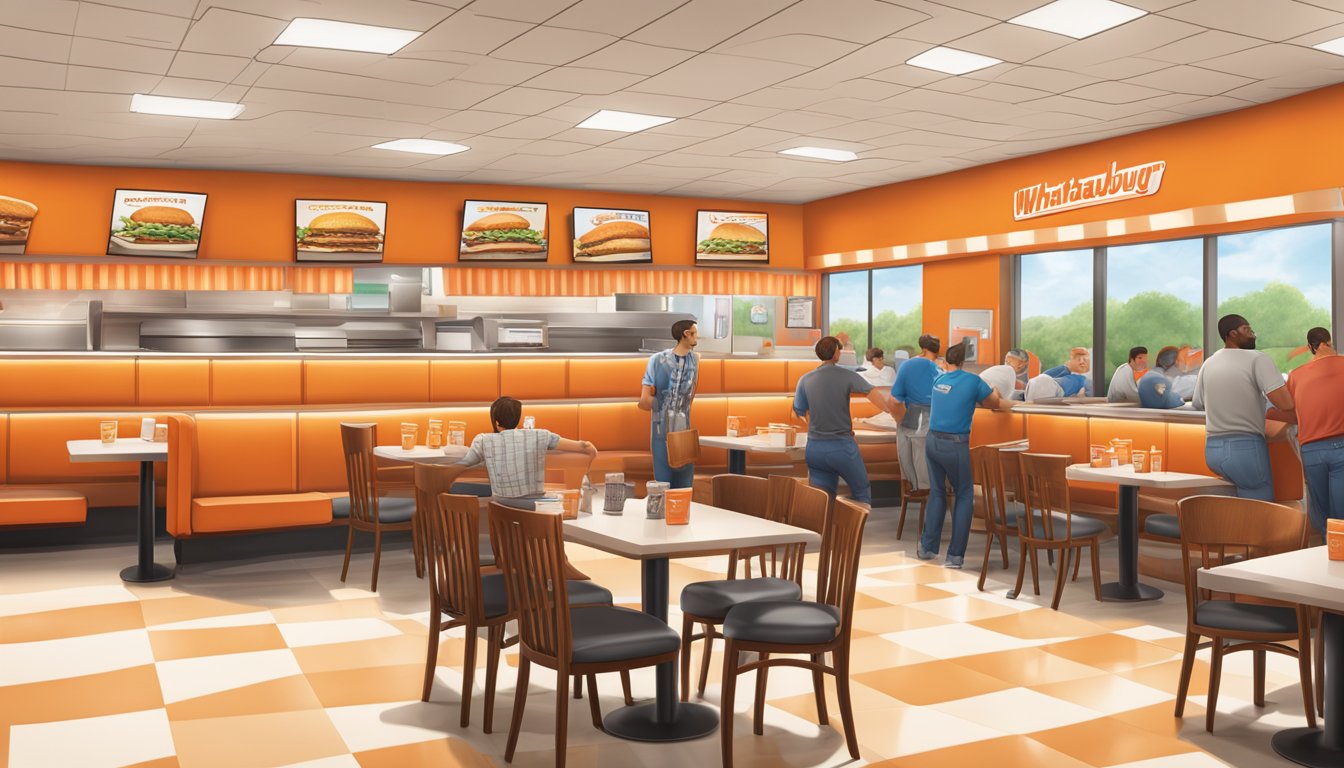 A bustling Whataburger dining area with booths, tables, and a counter. The space is filled with the aroma of sizzling burgers and the sound of customers chatting and enjoying their meals