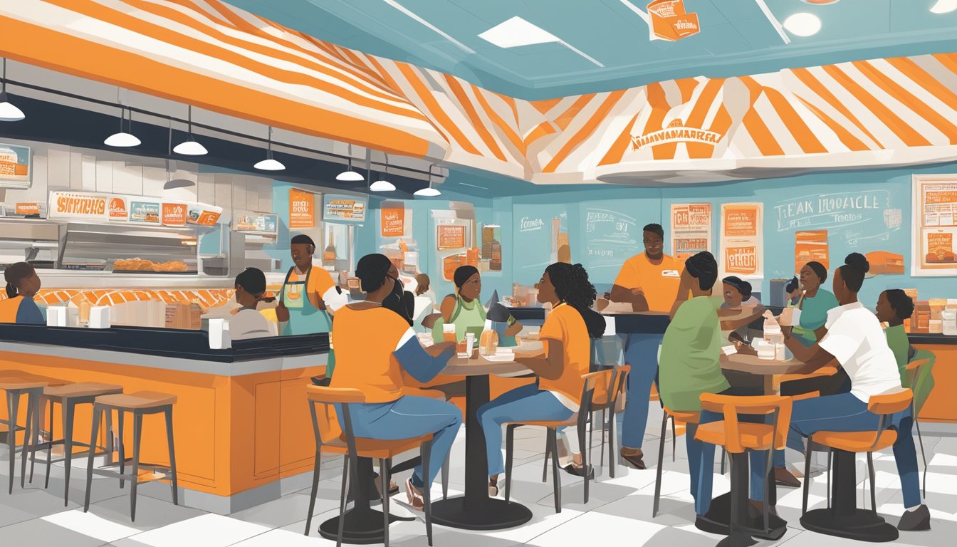 A bustling WhatABurger restaurant in Greensboro, with customers enjoying their meals and engaging in lively conversations. The restaurant is adorned with community posters and flyers, highlighting the impact of local initiatives