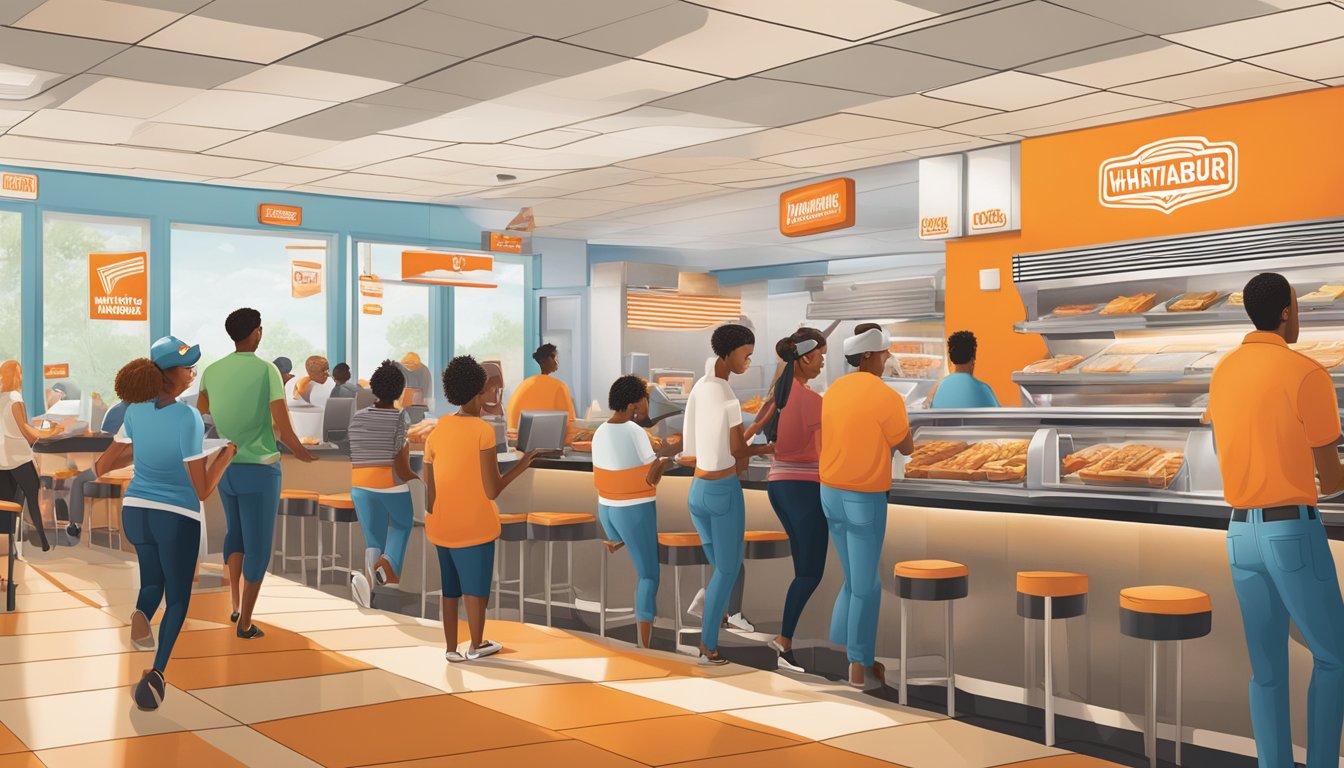 A bustling WhatABurger in Greensboro, with customers scanning their loyalty cards and earning rewards as they enjoy their meals