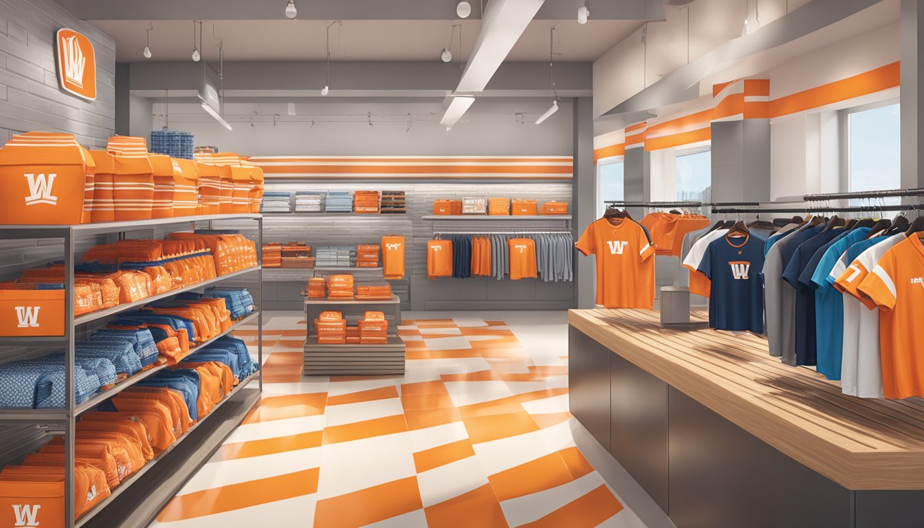 An array of Whataburger branded clothing and accessories displayed on shelves and racks in a well-lit retail space