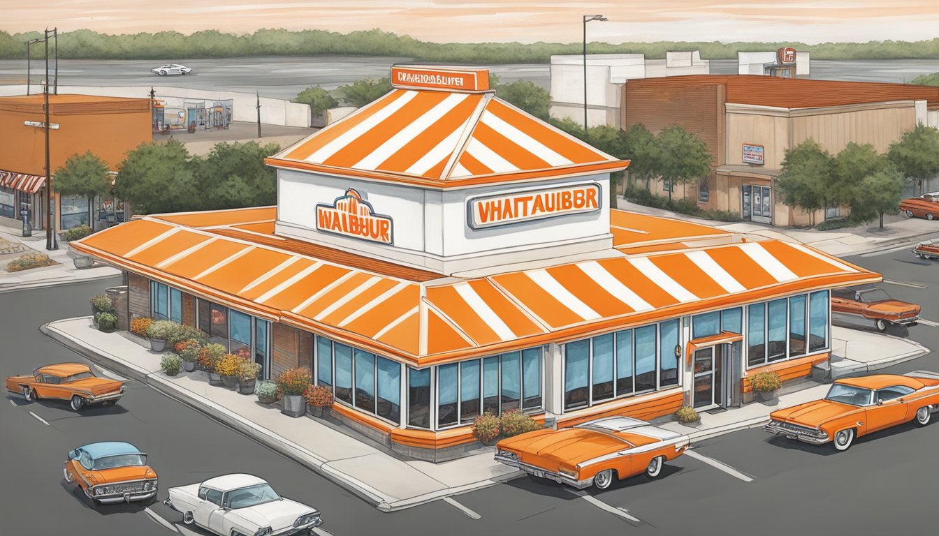 The iconic orange and white striped Whataburger building stands proudly in the heart of Baytown, surrounded by bustling cars and happy customers