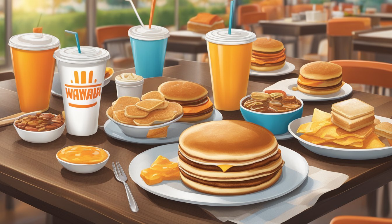 A table set with a variety of Whataburger breakfast items, including pancakes, biscuits, and breakfast sandwiches, surrounded by colorful illustrations of the restaurant's menu options