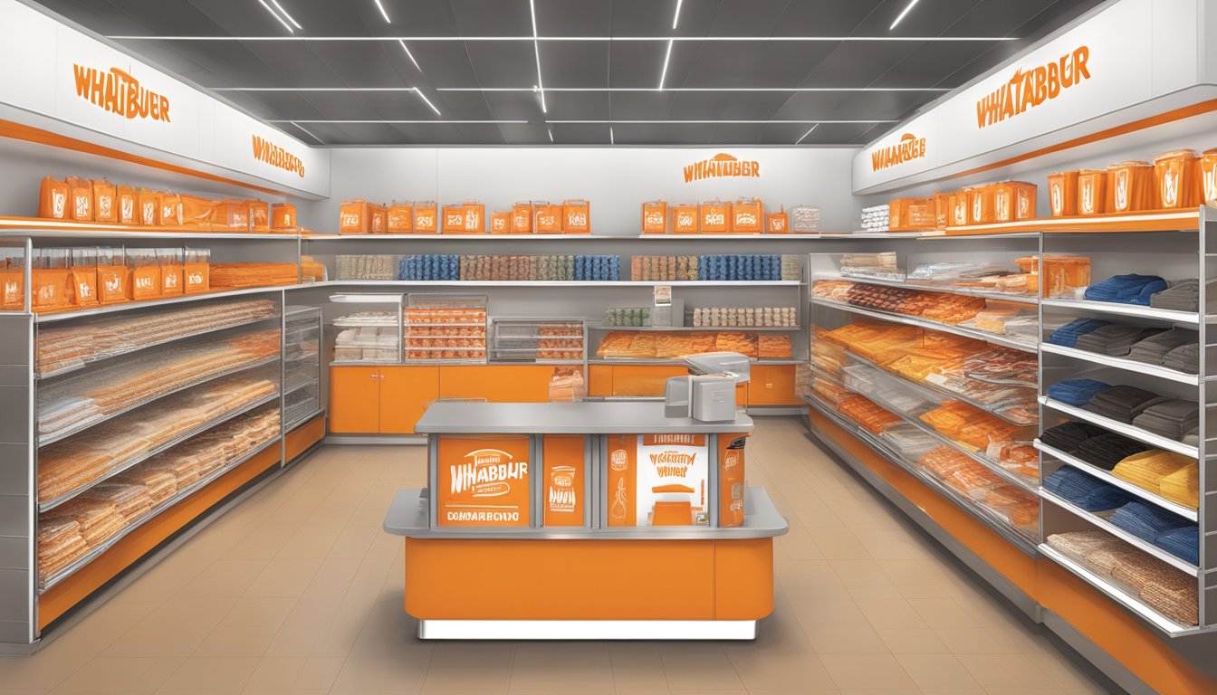 A display of Whataburger-branded clothing and accessories arranged on shelves and racks in a retail store