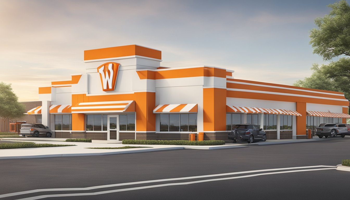 The WhatABurger in Baytown is easily accessible from the road, with a large parking lot and a drive-thru lane. The building has a distinctive orange and white color scheme