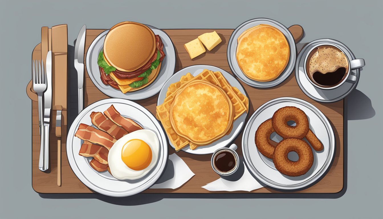 A table set with a variety of breakfast items, including pancakes, eggs, bacon, sausage, biscuits, and hash browns, with a cup of coffee on the side