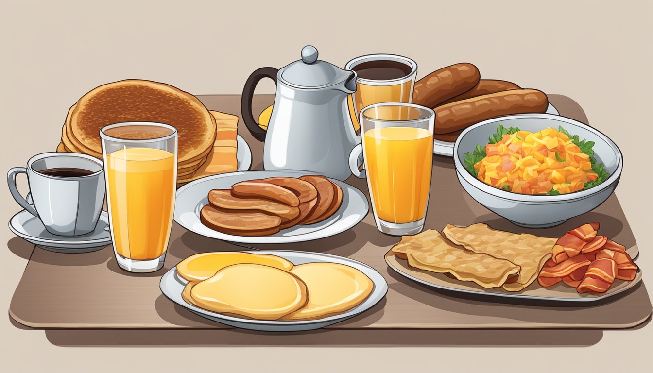 A table set with a variety of breakfast items, including pancakes, eggs, bacon, sausage, and hash browns, accompanied by a cup of coffee and a glass of orange juice