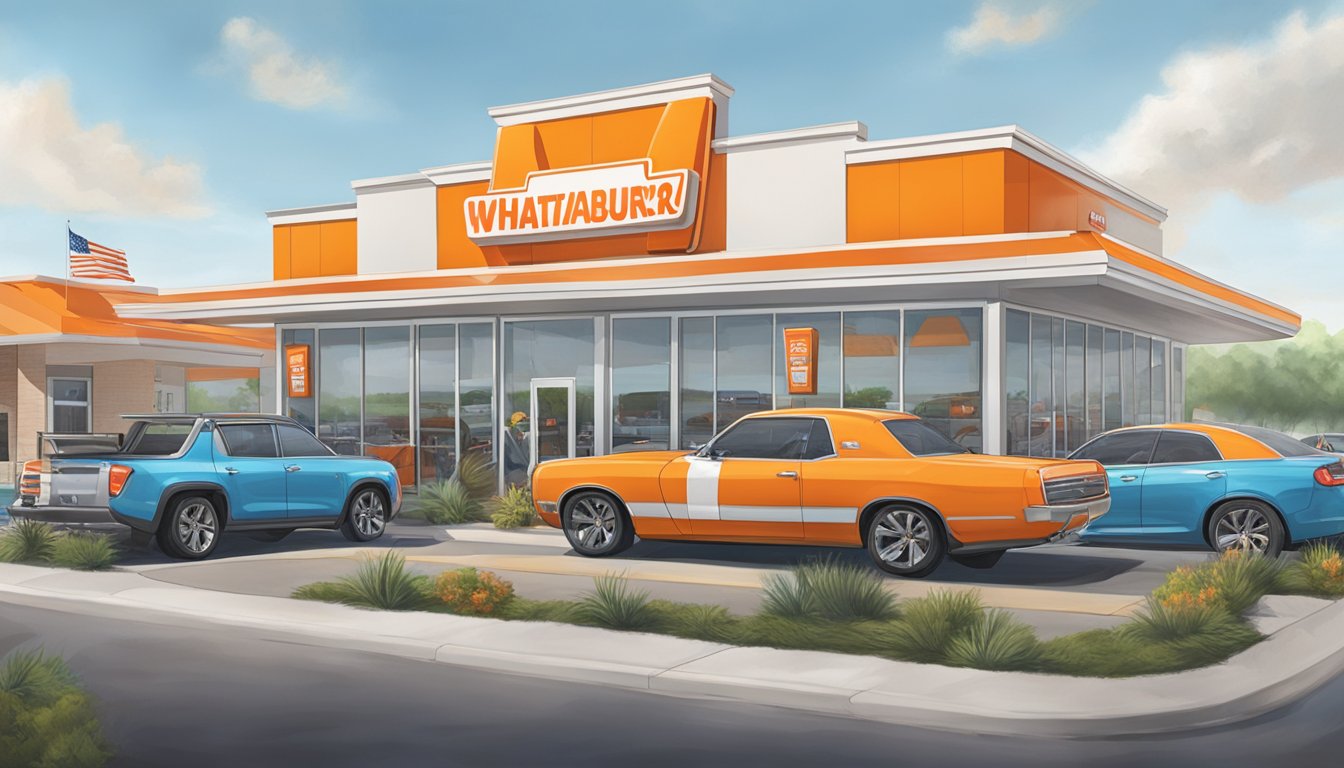 The Whataburger in Baytown is open for business, with cars lined up at the drive-thru and customers inside ordering food and drinks