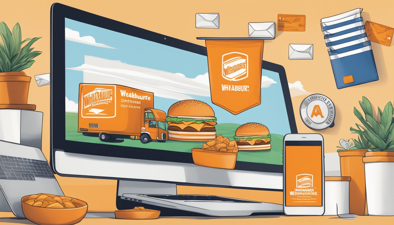 A computer screen displaying a website with Whataburger-branded clothing items, a credit card, and a shipping address