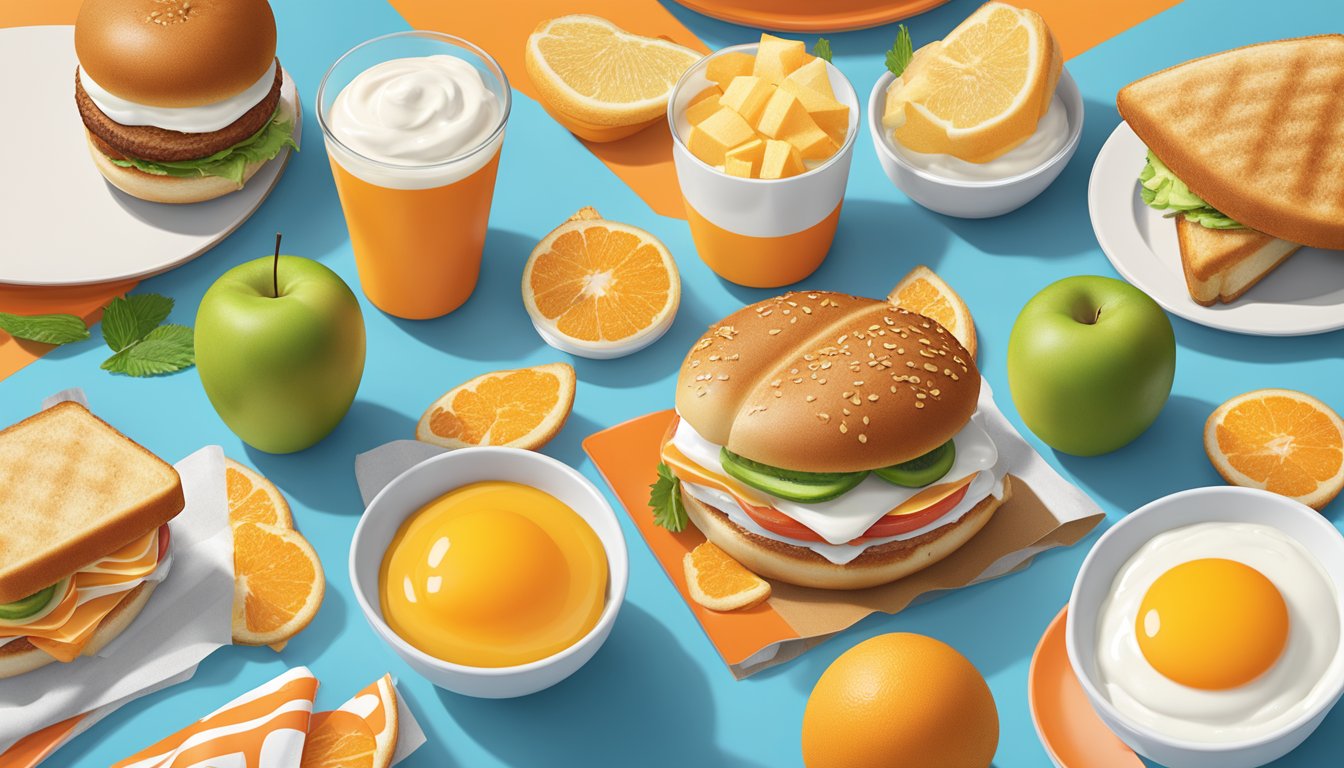 A colorful display of Whataburger breakfast items, including fresh fruit, yogurt, and egg white sandwiches, arranged on a bright, modern table