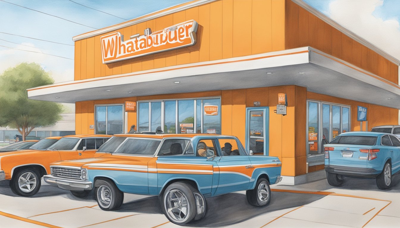 The Whataburger in Baytown is bustling with customers enjoying the convenience services, with cars lined up at the drive-thru and staff busy inside