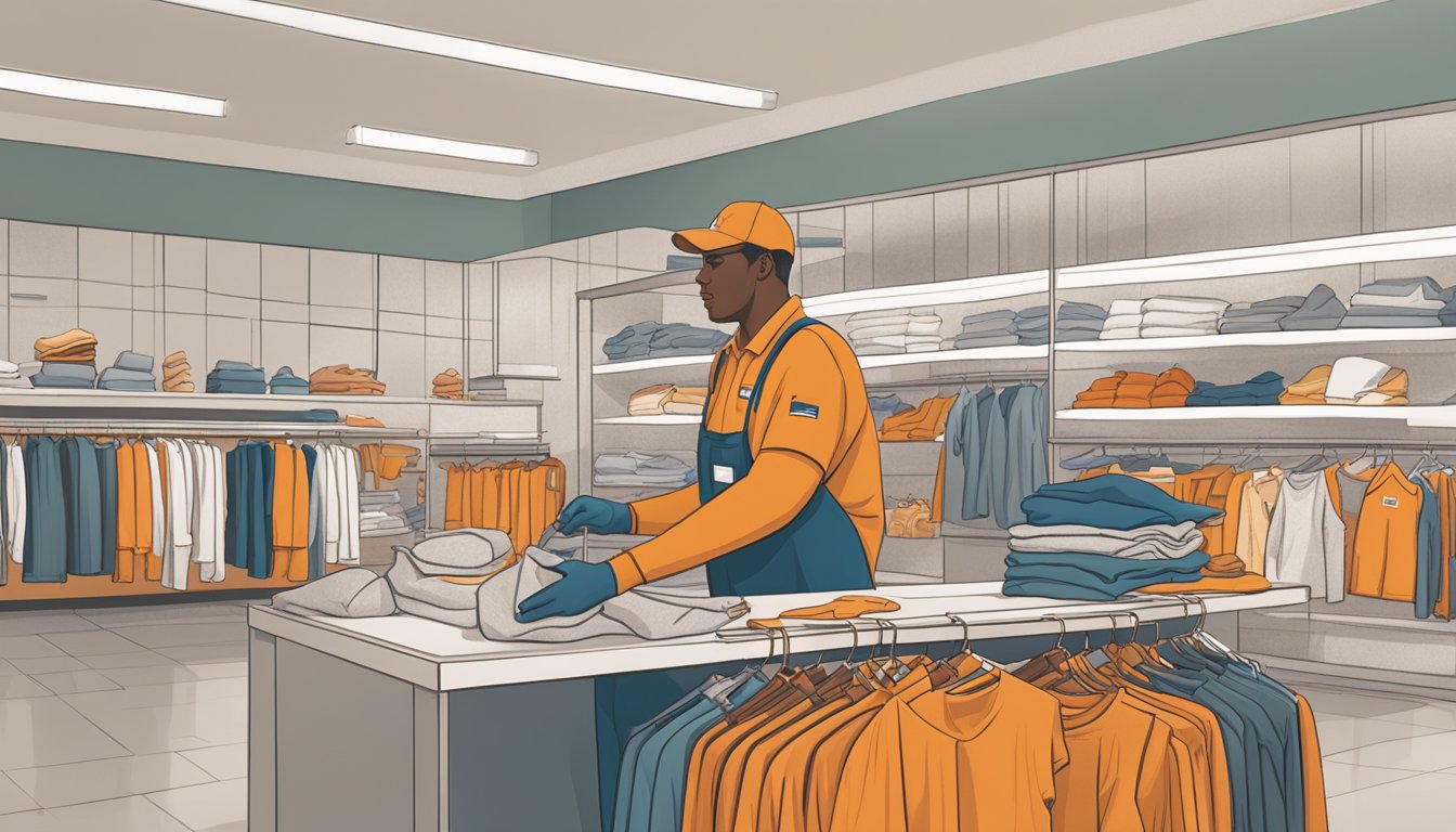 A Whataburger employee sorting through sustainable clothing items in a private area