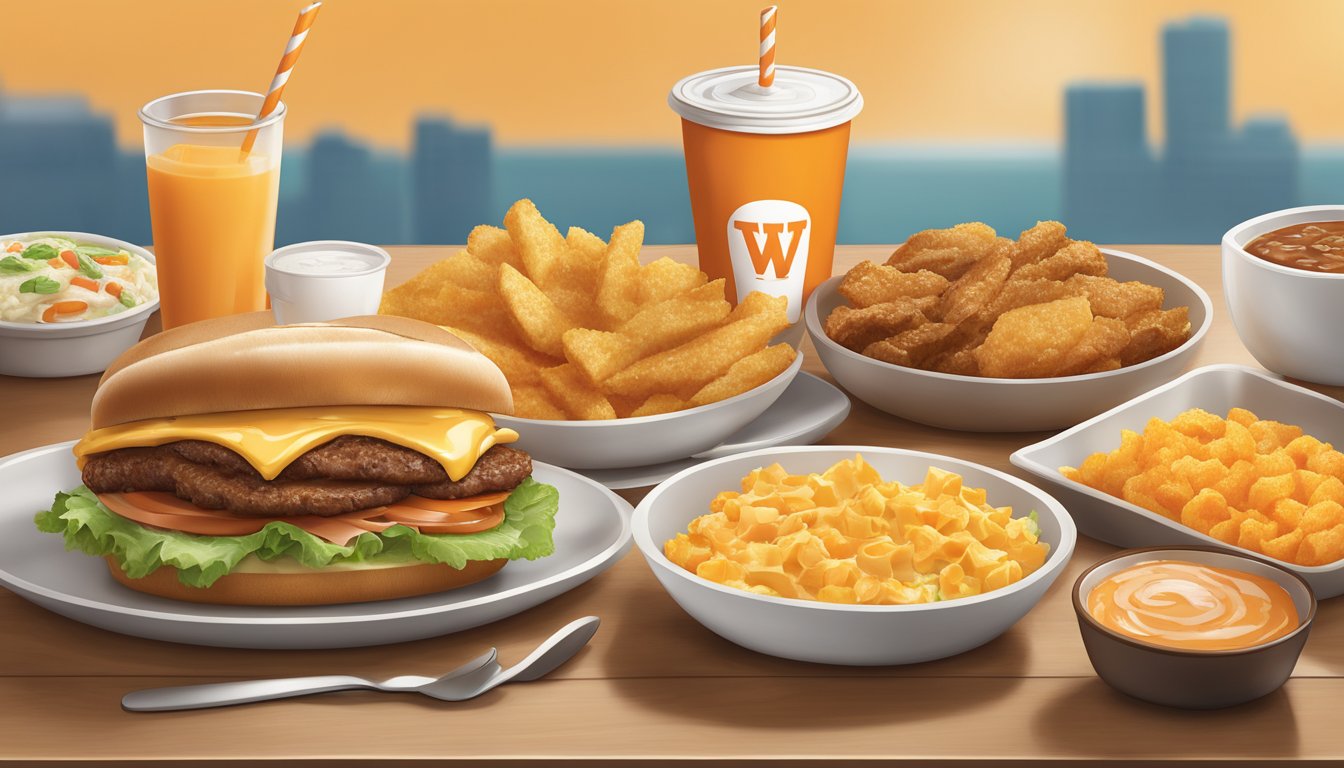 A table set with a Whataburger breakfast meal, featuring sides and add-ons, with a focus on the food items and their presentation