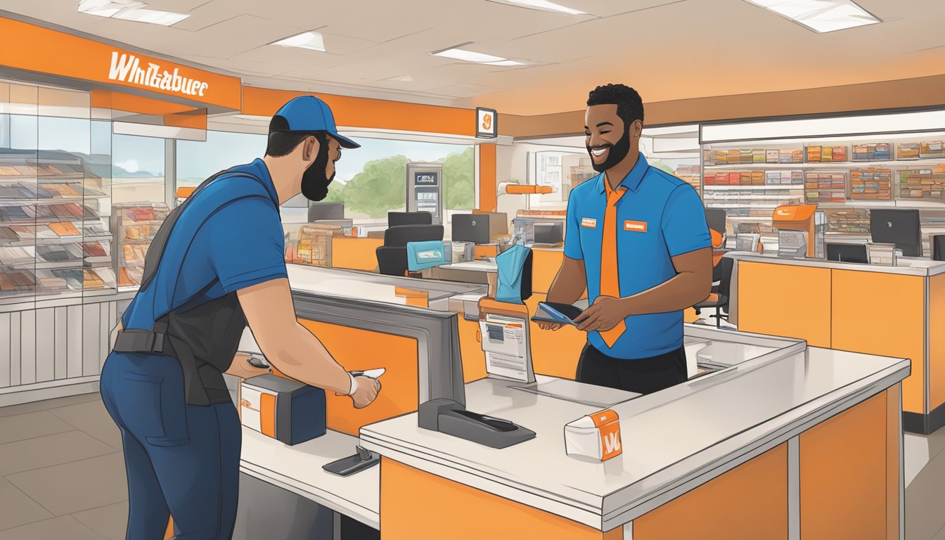 A Whataburger employee helping a customer with a clothing exchange at the customer care desk