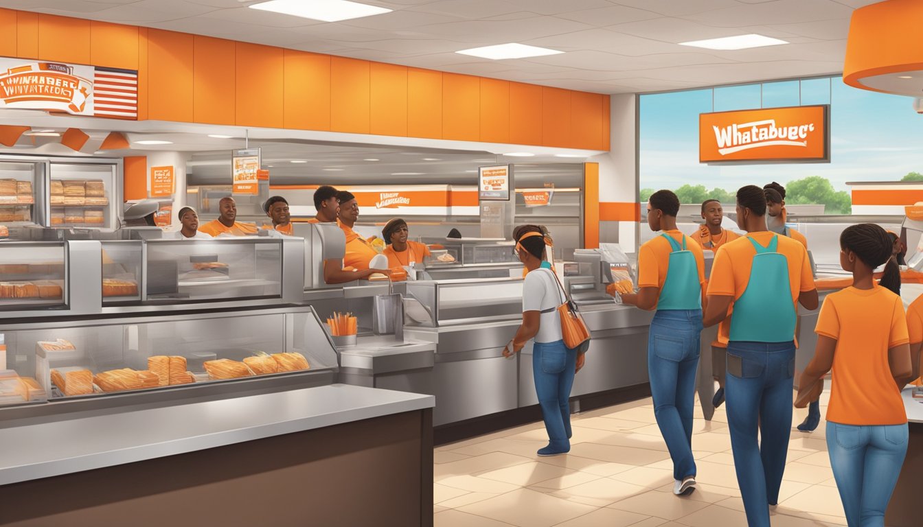 A bustling Whataburger restaurant in Baytown, Texas, with customers receiving promotions and rewards at the counter