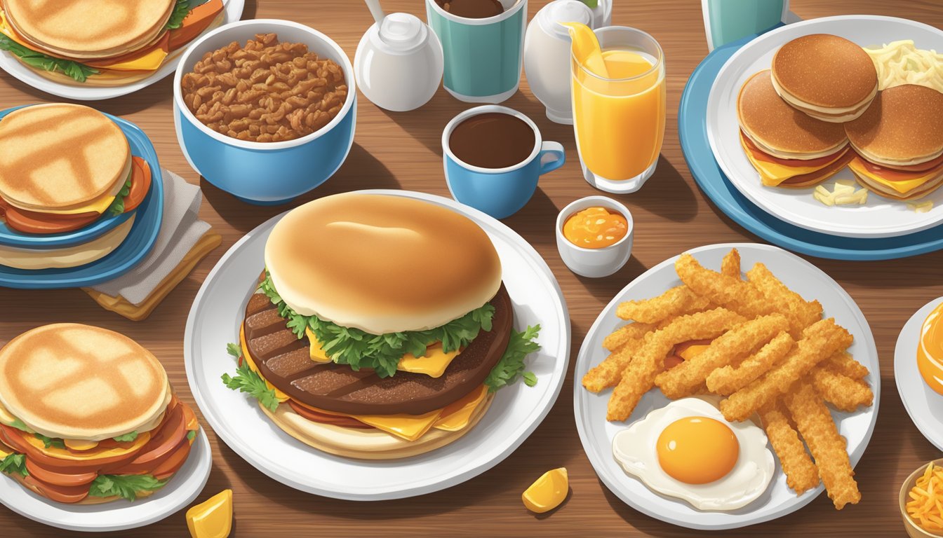 A spread of Whataburger breakfast items displayed on a table with colorful plates and garnishes, including pancakes, eggs, sausage, and hash browns