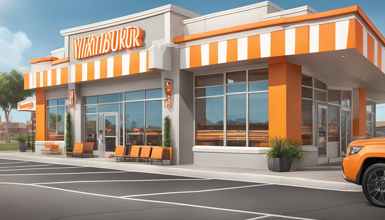 A bustling Whataburger restaurant in Baytown, with iconic orange and white branding displayed on the exterior and various merchandise featured inside