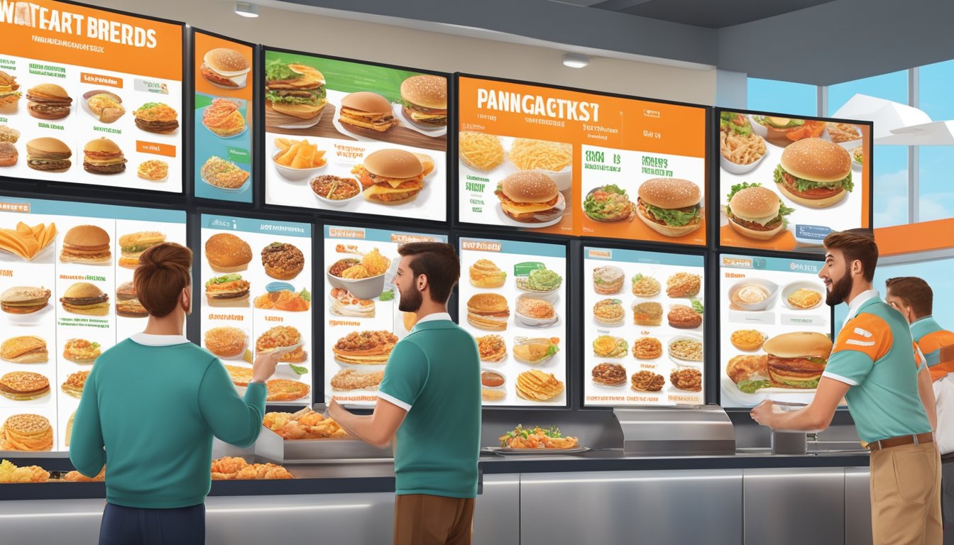 A customer pointing to breakfast items on a digital menu board at Whataburger, with various food pictures displayed