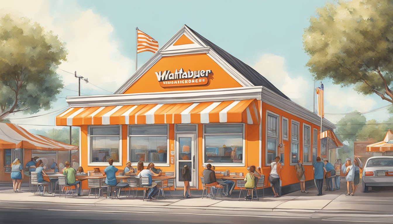 The iconic orange and white striped A-frame building of Whataburger stands proudly in the bustling city of Victoria, Texas, with a line of hungry customers eagerly waiting to order their favorite burgers and fries