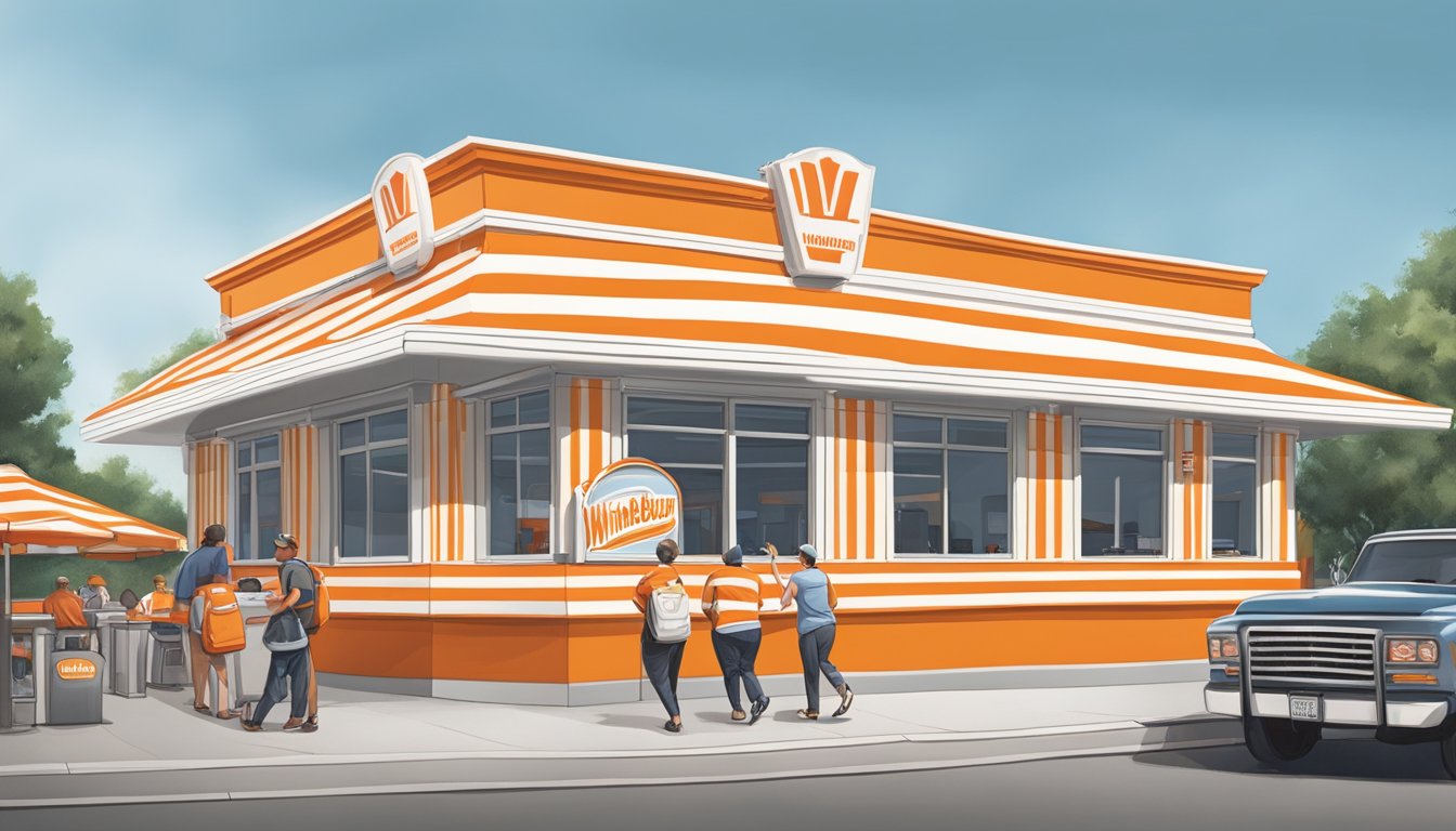 A Whataburger restaurant in Victoria, bustling with customers and staff, with the iconic orange and white striped building and the distinctive Whataburger sign