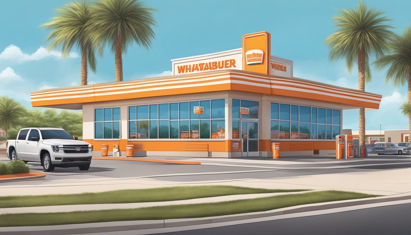 A bustling Whataburger in Weslaco, Texas, with a drive-thru line and outdoor seating, surrounded by palm trees and a bright blue sky