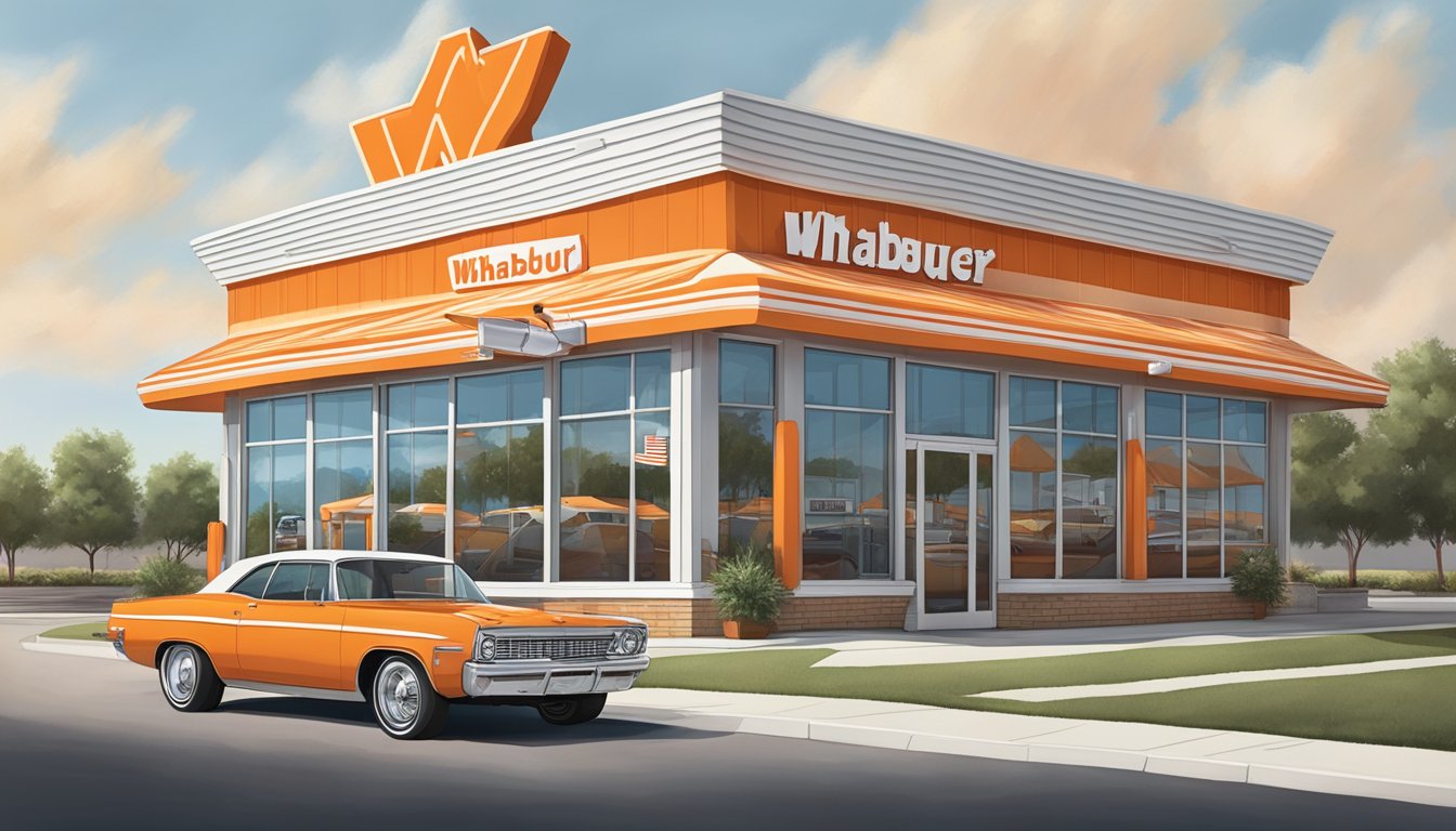 A bustling 2-story Whataburger with a classic orange and white striped exterior, a drive-thru, and a large sign with the iconic "W" logo