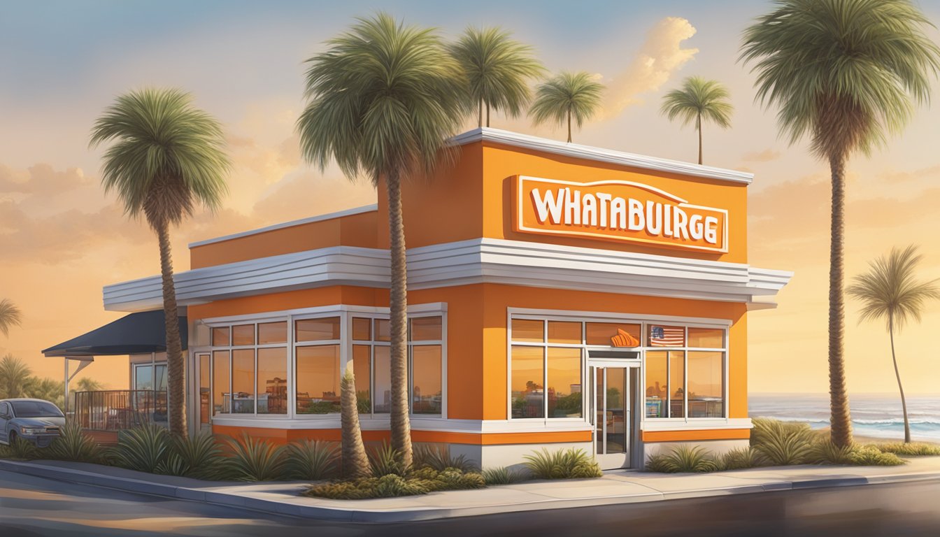 A bustling 2-story Whataburger on Shoreline Blvd, with a distinct orange and white exterior, surrounded by palm trees and a view of the shoreline