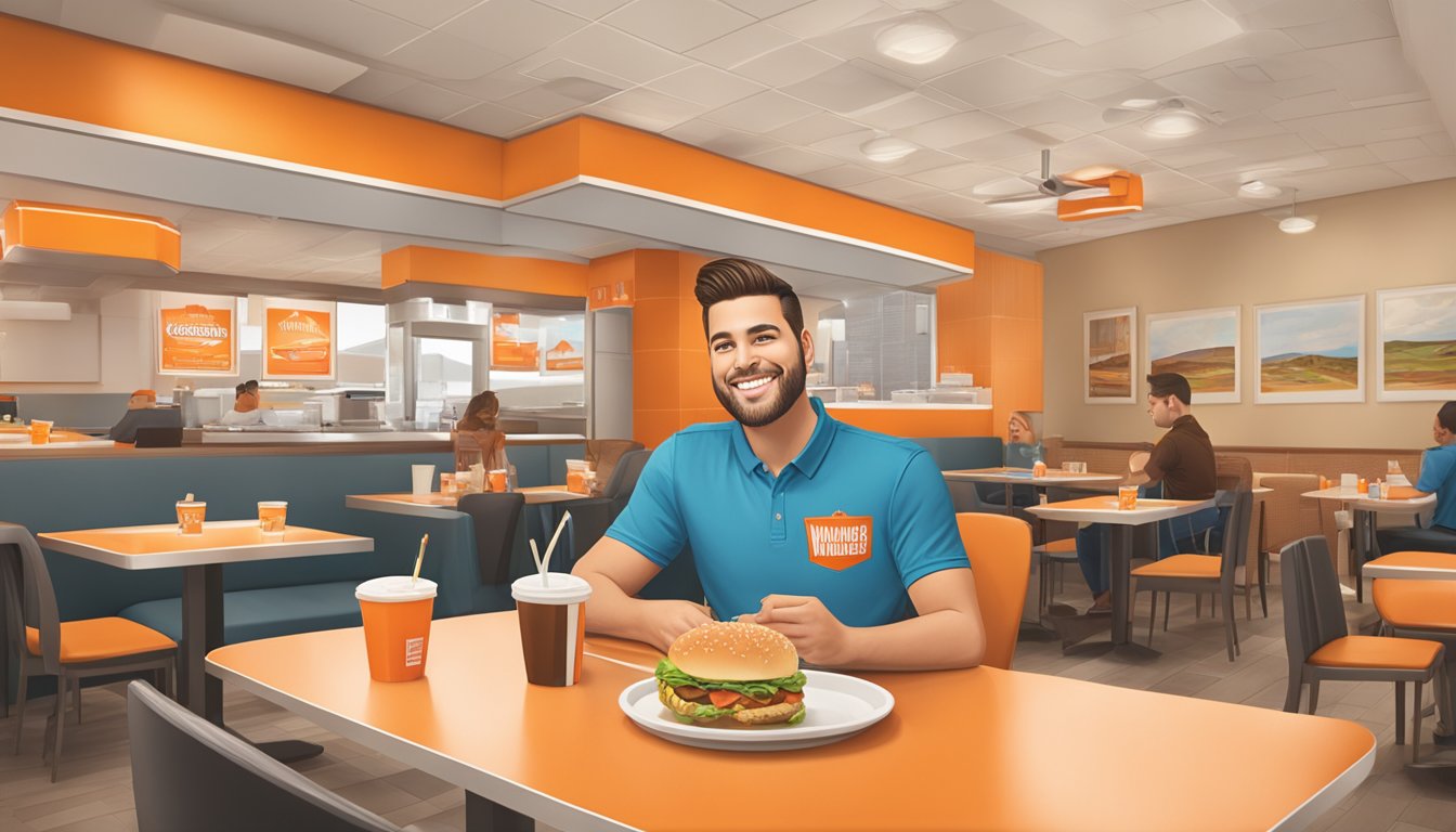 A customer smiling while enjoying a delicious Whataburger meal at the Victoria location, surrounded by a clean and inviting dining area