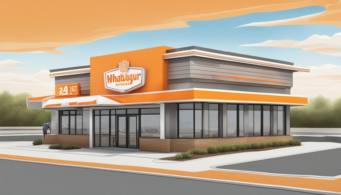 A 2-story Whataburger with modern architectural design and a large iconic orange and white striped roof