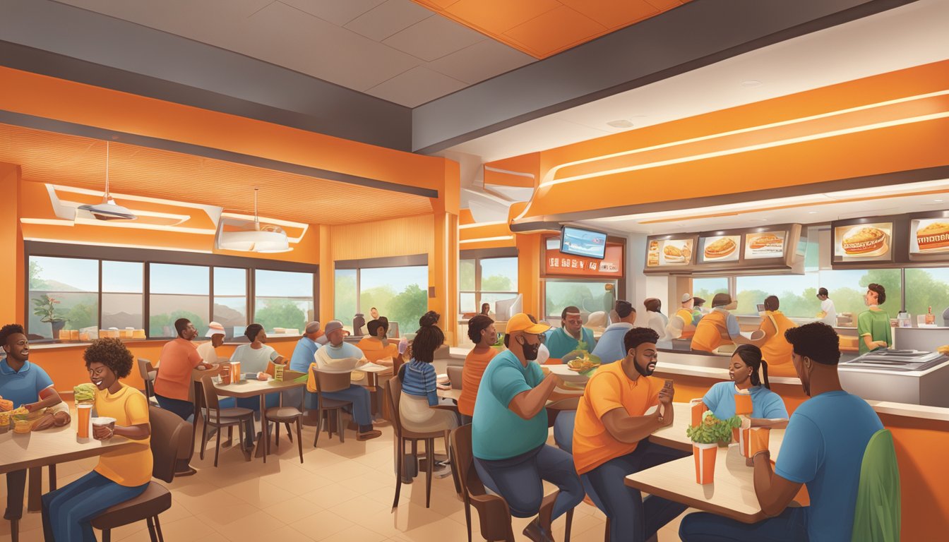 A bustling Whataburger in Victoria, filled with diverse customers enjoying their meals and engaging in lively conversation