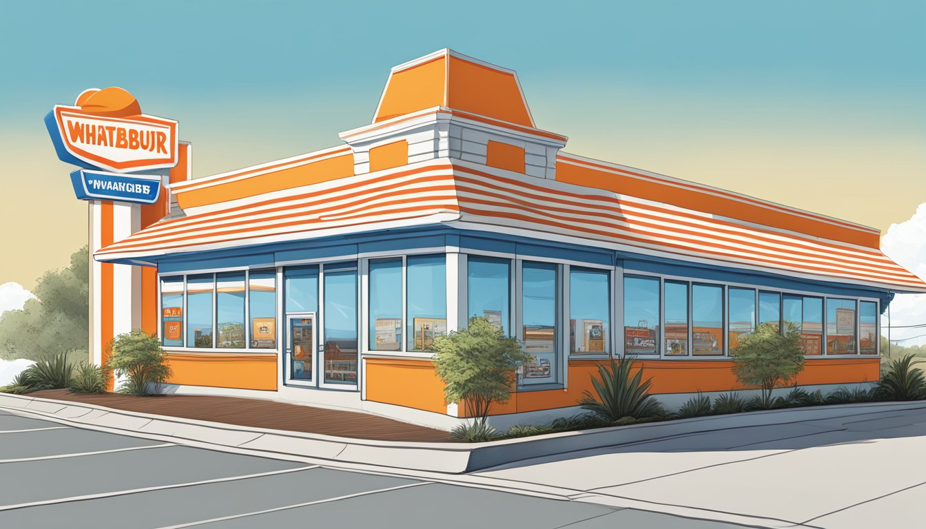 The iconic orange and white striped building of Whataburger stands tall against a bright blue sky, with the two-story menu board prominently displaying its delicious highlights