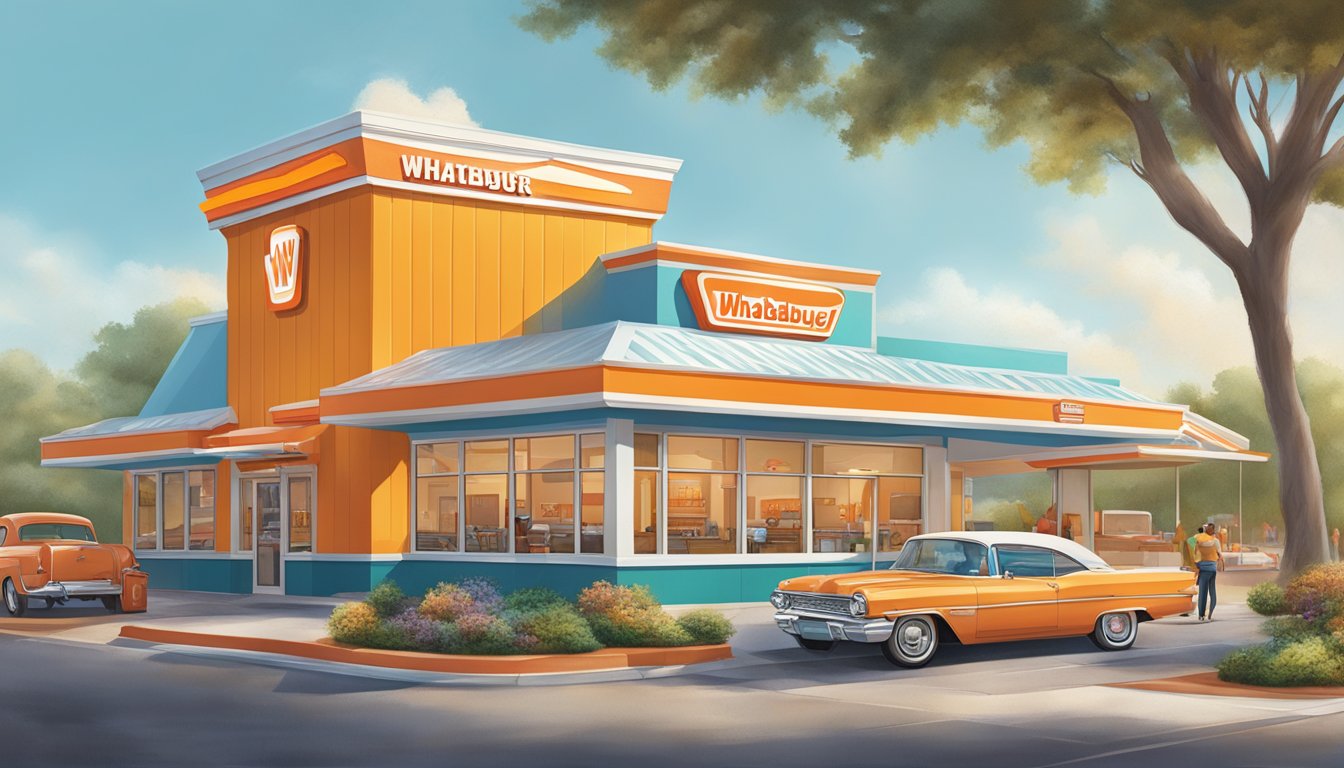 A bustling Whataburger restaurant with a drive-thru, outdoor seating, and a colorful, retro-inspired exterior