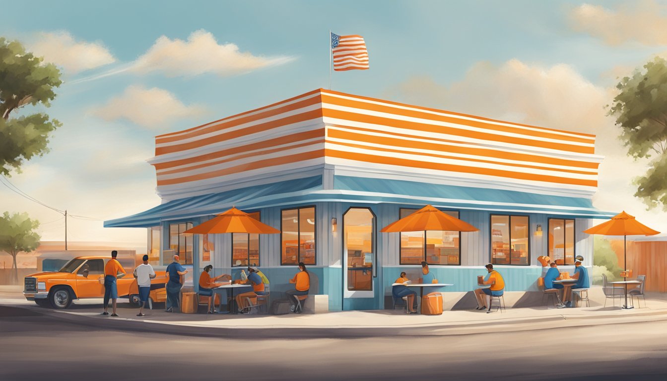 A bustling Whataburger restaurant in Weslaco, Texas, with customers enjoying their meals and the iconic orange and white striped building standing out in the local community