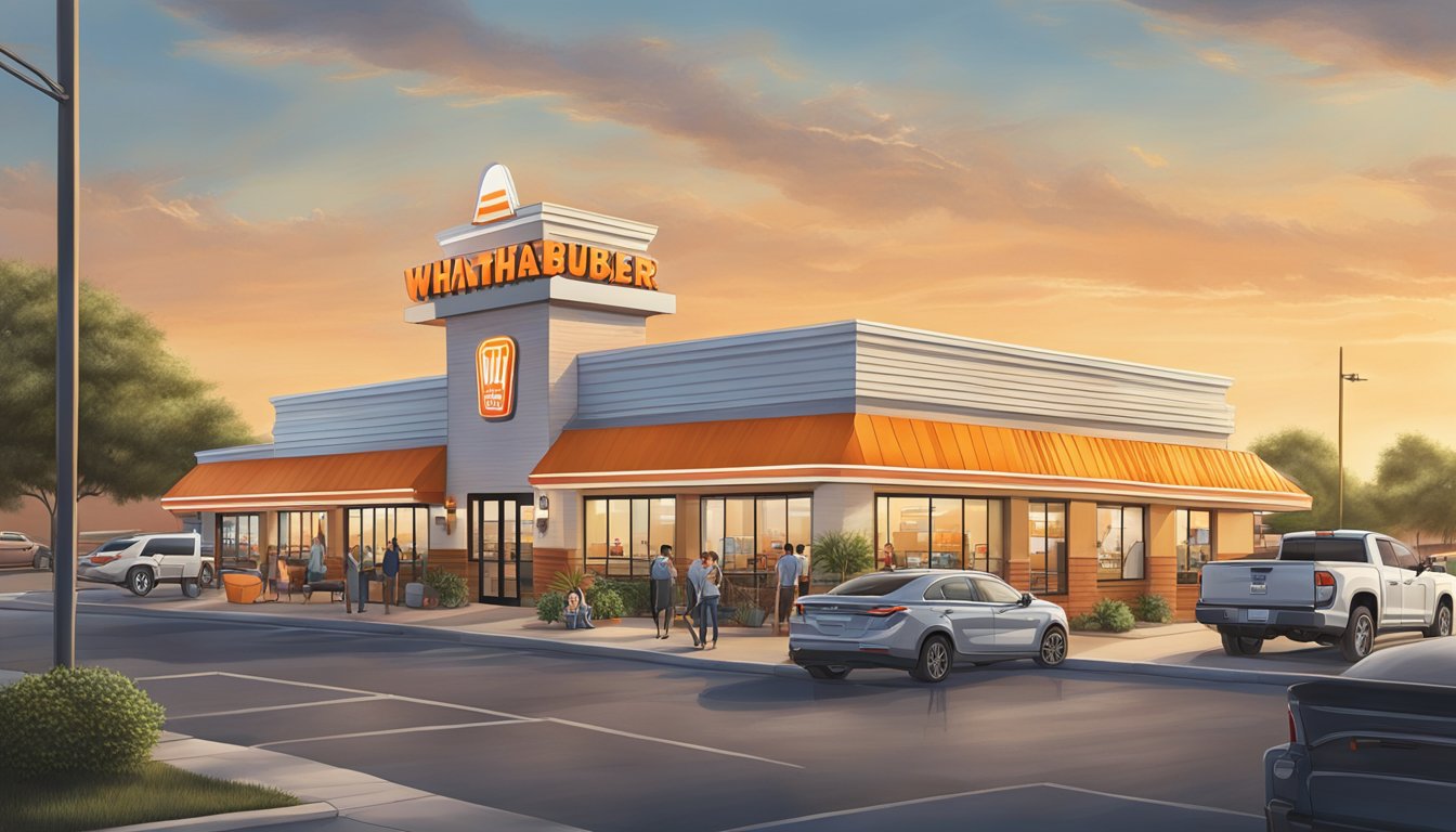 A bustling Whataburger restaurant in Weslaco, Texas, surrounded by nearby businesses and a busy parking lot