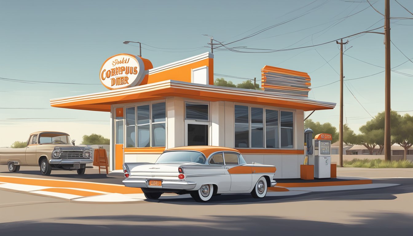 A small roadside diner in Corpus Christi, Texas, with a distinctive orange and white striped roof. A vintage car pulls up to the drive-thru window