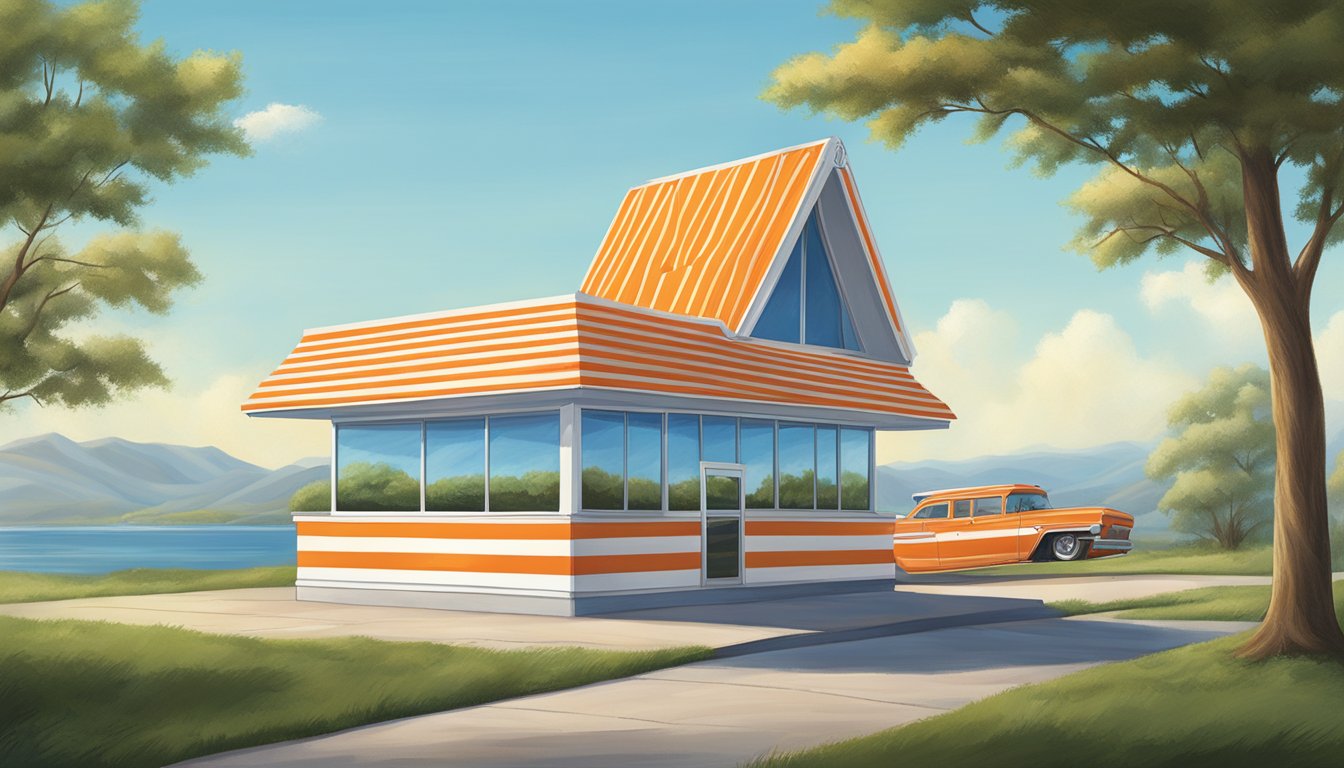 The iconic orange and white striped Whataburger A-frame restaurant stands proudly against a backdrop of blue skies and rolling green hills