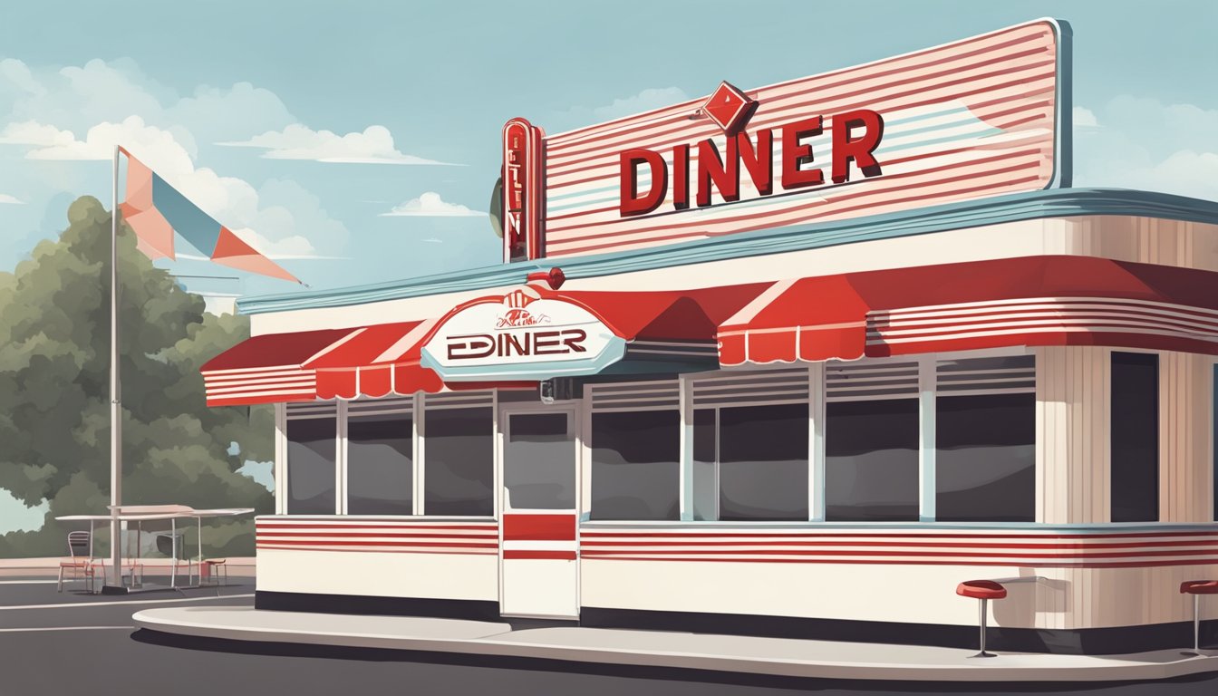 A vintage diner with a retro sign, red and white striped awning, and a classic menu board