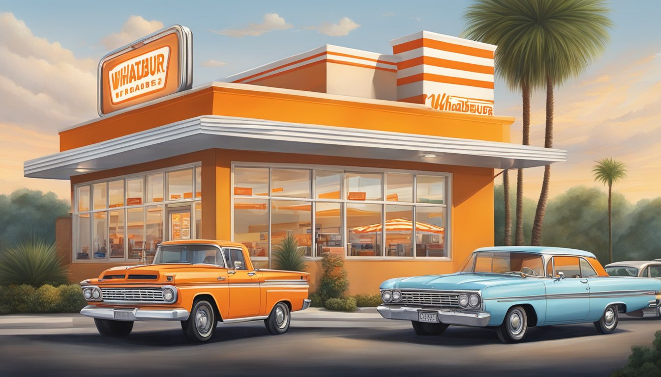 A bustling Whataburger restaurant with iconic orange and white stripes, a drive-thru, and a giant "W" sign. Customers enjoy classic burgers and shakes