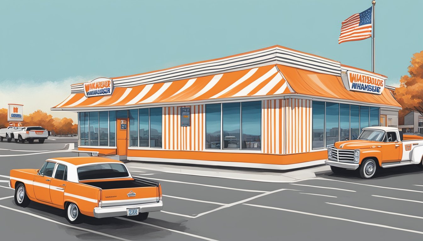 A bustling Whataburger restaurant with a line of customers, Texas flag flying outside, and the iconic orange and white striped building