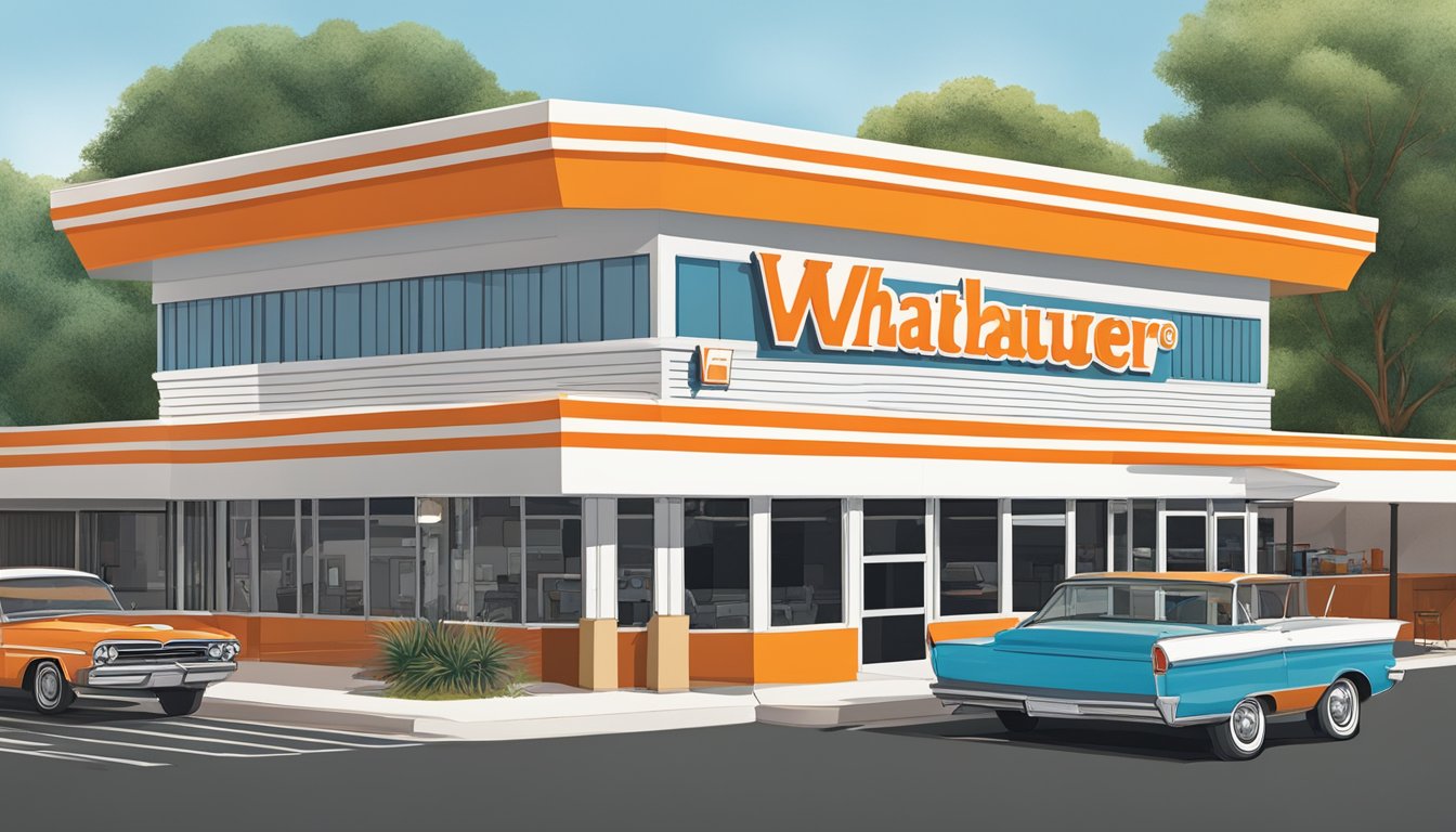 The original Whataburger restaurant with iconic orange and white striped roof, surrounded by a bustling parking lot and drive-thru lane