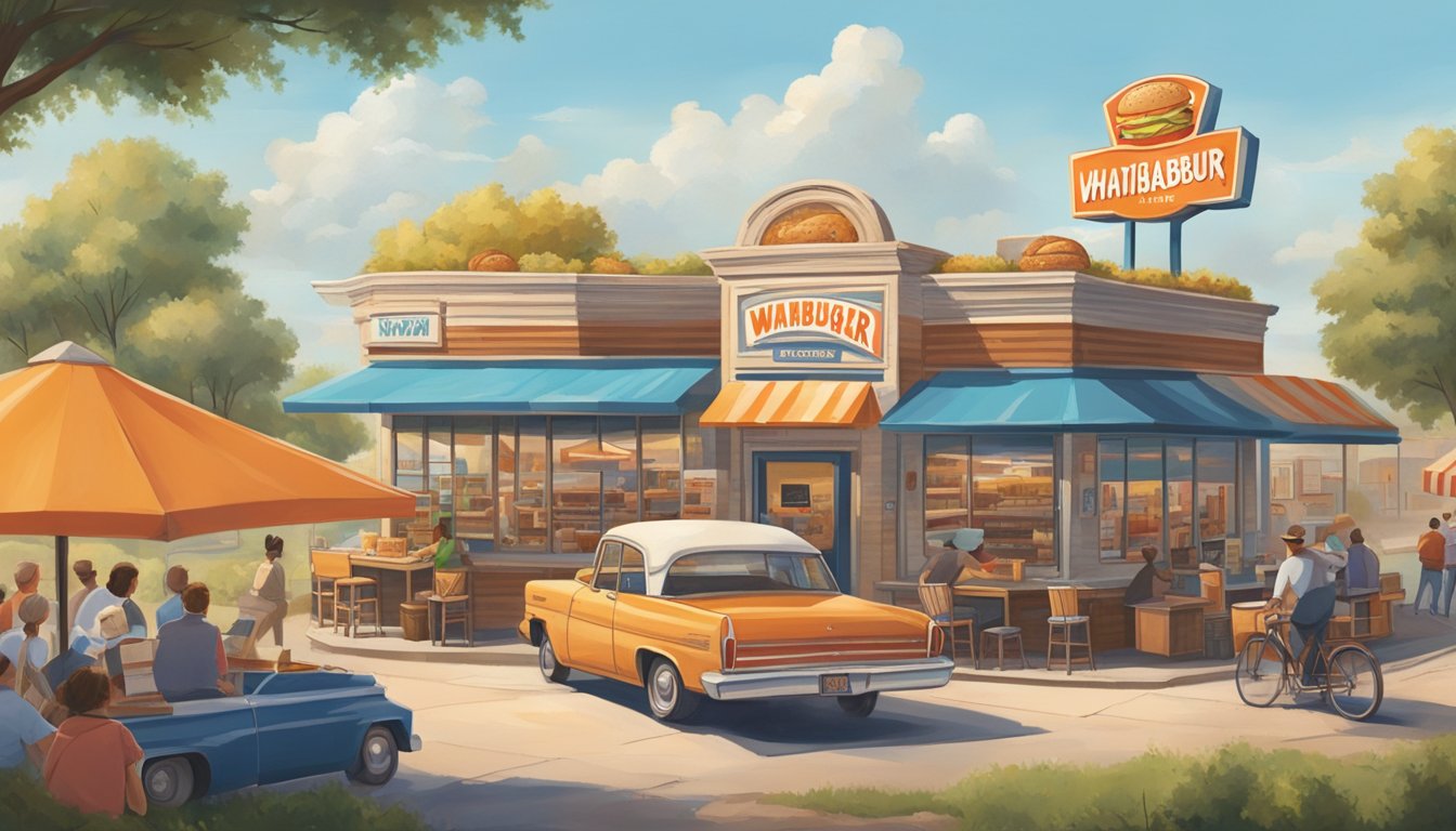 A bustling Texas town with a small burger stand, surrounded by fields and a blue sky, symbolizing the origin of Whataburger and its corporate growth