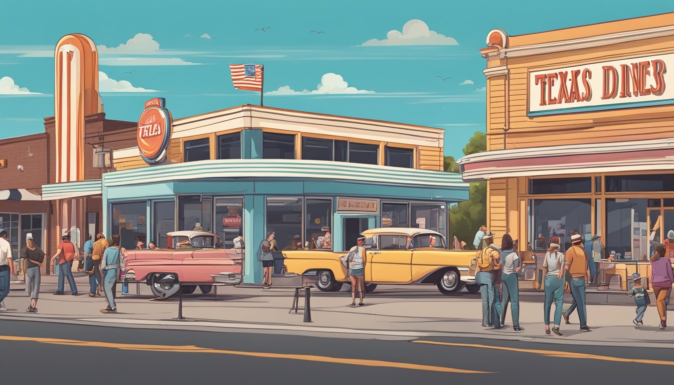 A bustling Texas town with a retro diner facade, surrounded by locals enjoying burgers and shakes